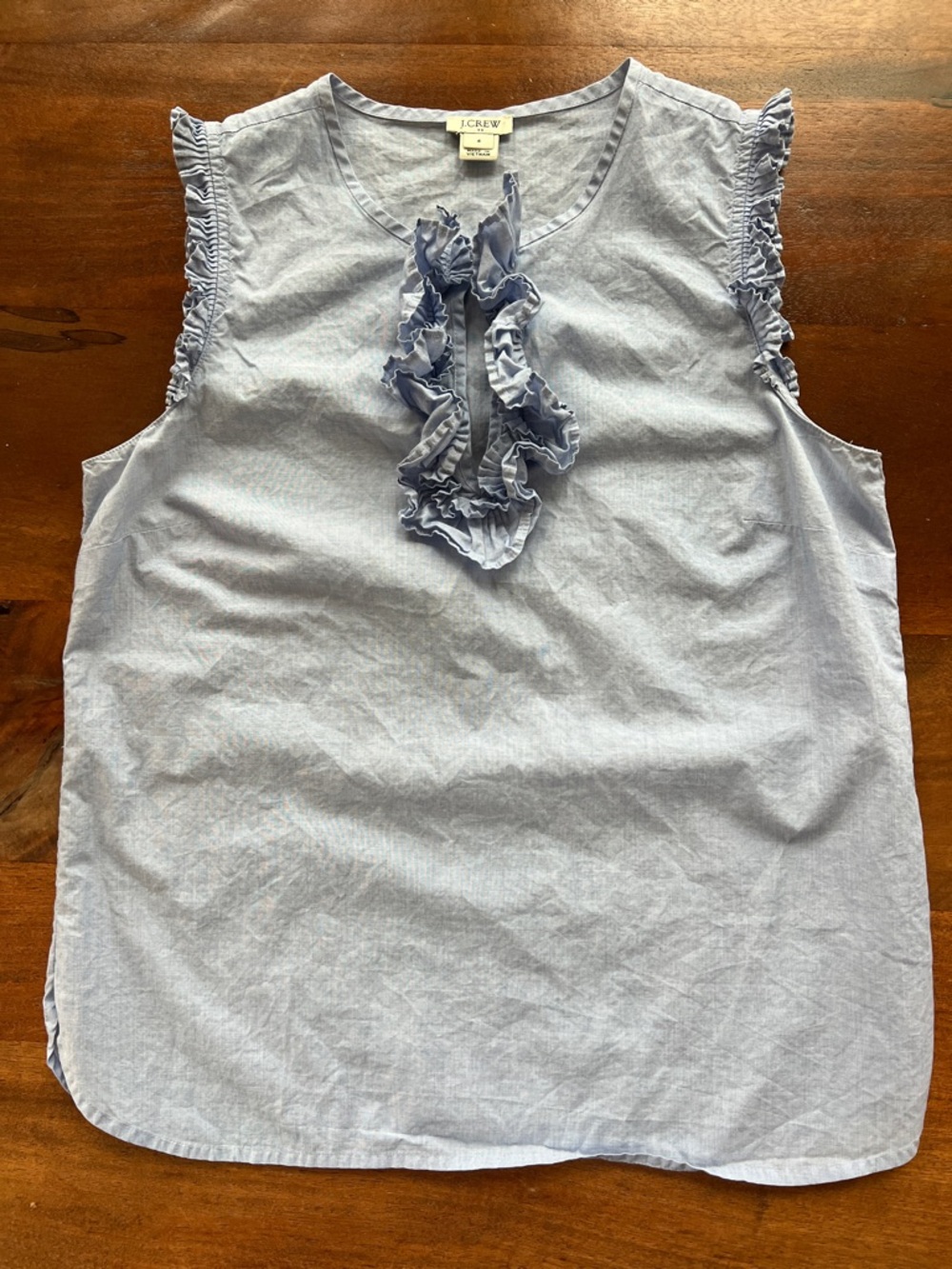 J Crew Sleeveless Blouse/Top Ruffled Front Solid Light Blue  Cotton Size 4